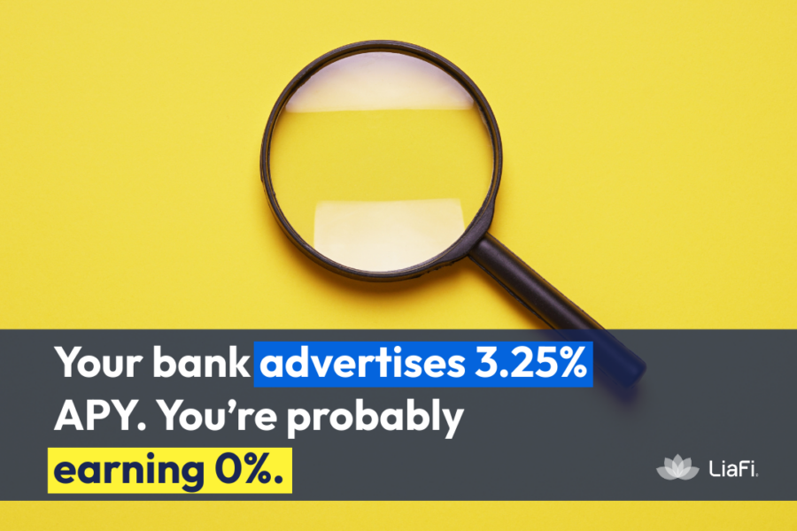 Magnifying glass highlighting misleading bank APY advertising where businesses often earn close to zero interest.