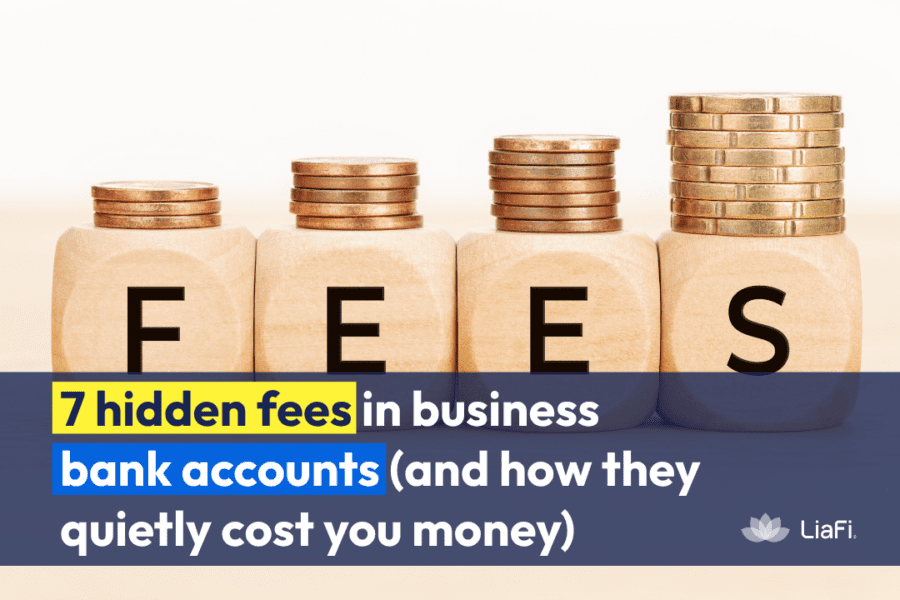 Hidden fees in business bank accounts concept with stacked coins increasing across blocks labeled fees, representing rising banking costs