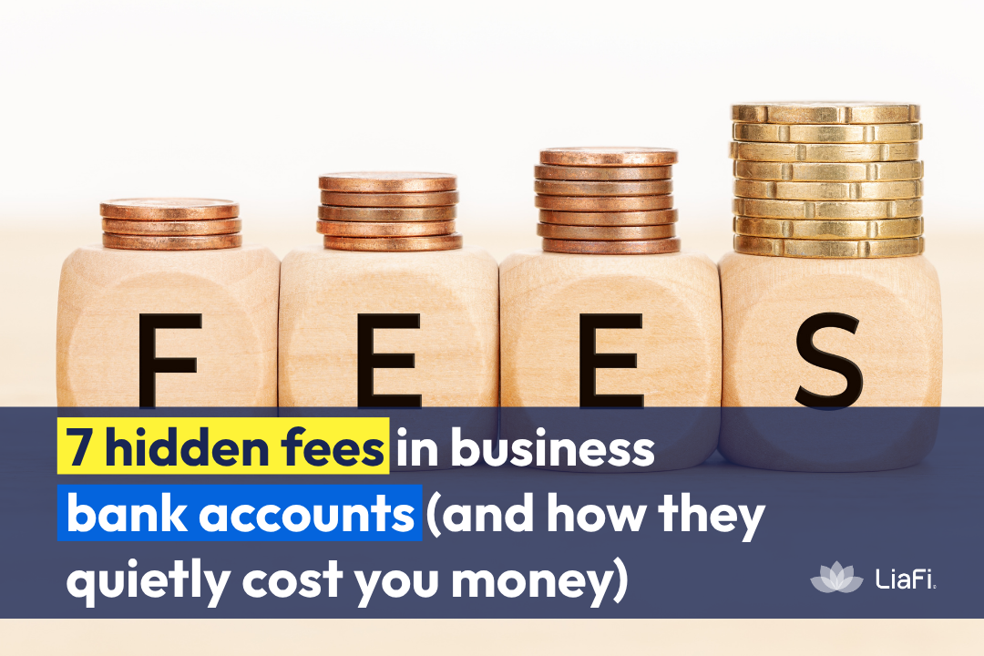 Hidden fees in business bank accounts concept with stacked coins increasing across blocks labeled fees, representing rising banking costs